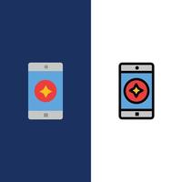 ícones de aplicativos móveis móveis móveis favoritos conjunto de ícones planos e cheios de linha vector background azul