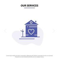nossos serviços casa casa família casal cabana ícone de glifo sólido modelo de cartão web vetor