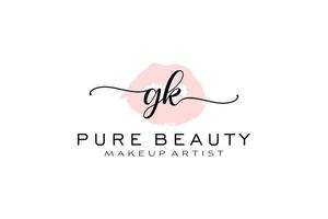 design de logotipo pré-fabricado de lábios de aquarela gk inicial, logotipo para marca de negócios de maquiador, design de logotipo de boutique de beleza blush, logotipo de caligrafia com modelo criativo. vetor