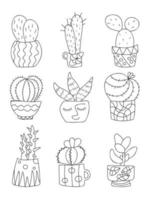 conjunto de suculentas de cactos em vasos. doodle simples plantas caseiras desenhadas à mão. vasos de flores estampados zentangle. engraçado crianças projeto berçário decoração têxtil home interior. jardinagem da casa. ilustração vetorial. vetor