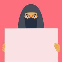 mulher árabe muçulmana segurando bandeira vazia. personagem feminina em hijab com cartaz de protesto ou mensagem. direitos das mulheres, nenhuma guerra ou outro item de sua escolha. ilustração vetorial vetor