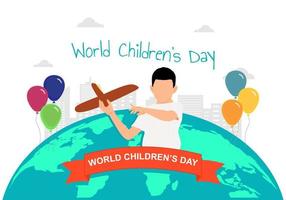 fundo do dia mundial das crianças com terra, balão e pipa de brincadeira de criança vetor