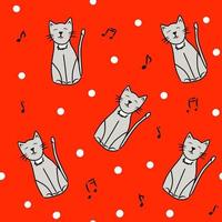 gatos cantando e flocos de neve em fundo vermelho vetor