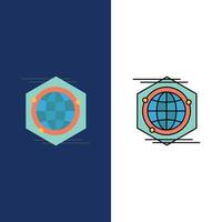 ícones de ideia de espaço de polígono globo plano e conjunto de ícones cheios de linha vector fundo azul