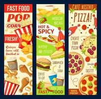 banners de vetor de menu de restaurante de fastfood