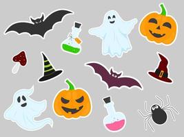 adesivos planos para halloween em fundo cinza - abóboras, fantasma, aranha, chapéu de bruxa, morcego, poção mágica, cogumelo vetor