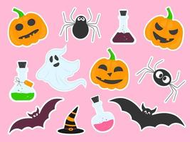 conjunto de adesivos brilhantes e alegres com abóboras, fantasmas, poção, morcegos, tema de halloween vetor