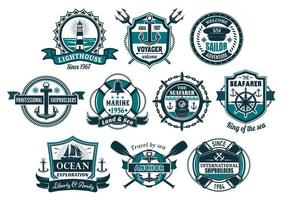 conjunto de emblemas náuticos de âncora marítima e leme de barco vetor