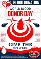 cartaz do dia mundial do doador com gota de sangue de doação vetor