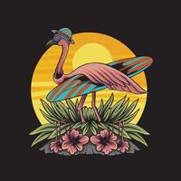 ilustração de design de flamingo com prancha de surf e floral com estilo vintage vetor