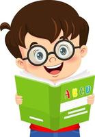 desenho animado garotinho lendo um livro vetor