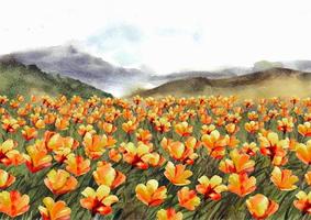 paisagem natural com lindas flores laranja em pintura em aquarela vetor