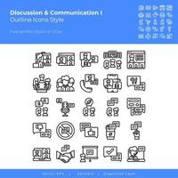 conjunto de ícones de discussão e comunicação contém esses ícones, discussão, conferência, vídeo, chamada, pausa para café, bate-papo vetor