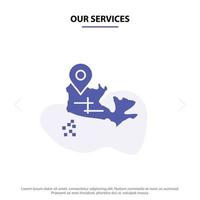 nossos serviços canadá mapa local ícone de glifo sólido modelo de cartão web vetor