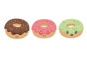 um conjunto de donuts brilhantes com emoticons fofos. ilustração em vetor de sobremesas. coleção de bolos doces