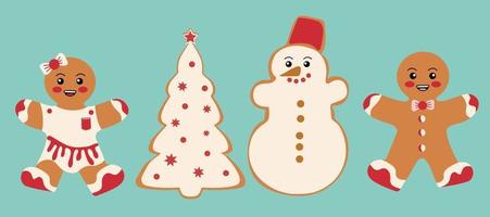biscoitos festivos com homens de gengibre, um boneco de neve e uma árvore de natal. feliz natal decoração. Feliz Natal. celebração do ano novo e natal vetor