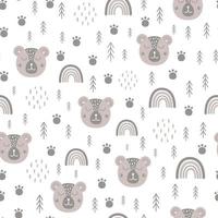 rosto de animal escandinavo padrão de urso da floresta, arco-íris de bebê. superfície de vida selvagem bonito crianças fundo de urso tribal, tecido, design têxtil, conceito de floresta. ilustração vetorial rústica. cor cinza. vetor