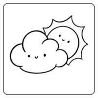página para colorir de arte de linha de desenho animado de nuvem e sol bonito vetor