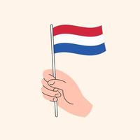 mão dos desenhos animados segurando a bandeira holandesa. bandeira da Holanda, ilustração do conceito, vetor isolado design plano.