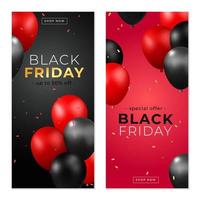 coleção de vetor 3d realista render design de banner vertical de venda sexta-feira negra. voando balões pretos e vermelhos brilhantes com confete brilhante e serpentina. lugar para texto. Boletim de Notícias,