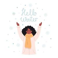 mulher negra cumprimentando a temporada de inverno. mulher feliz brincando com flocos de neve. Olá cartão de inverno. inverno vetor