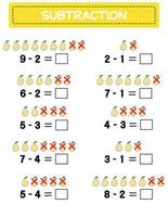 subtração. planilha de matemática para crianças. desenvolvendo habilidades de numeração. resolver exemplos e escrever. matemática. vector illustration.educational matemática jogo de crianças. subtração para crianças..