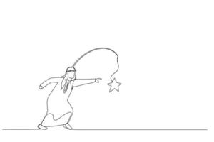 desenho animado do empresário árabe correndo com cenoura tentando pegar o prêmio estrela. metáfora do incentivo. um estilo de arte de linha contínua vetor