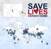 mapa-múndi com casos de coronavírus foco no malawi, doença covid-19 no malawi. slogan salvar vidas com bandeira do malawi. vetor