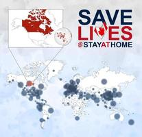 mapa-múndi com casos de coronavírus foco no canadá, doença covid-19 no canadá. slogan salvar vidas com bandeira do canadá. vetor