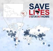mapa-múndi com casos de coronavírus foco em trinidad e tobago, doença covid-19 em trinidad e tobago. slogan salvar vidas com bandeira de trinidad e tobago. vetor