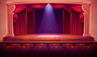 palco vazio de teatro com cortinas vermelhas, holofotes vetor