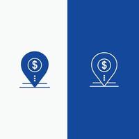 dólar pin mapa localização banco linha de negócios e ícone sólido glifo linha de banner azul e glifo sólido ico vetor