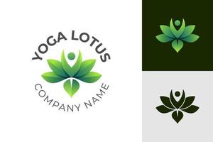 gradiente de design de logotipo de lótus de ioga e design de elementos de símbolo de vetor de estilo plano com pessoas e conceito de ícone de lótus de flor para centro de tratamento de ioga, massagem, design de logotipo de spa saudável