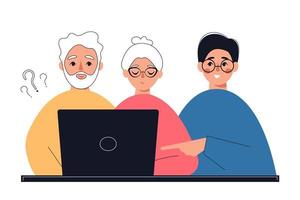 idosos usando computador. ajudar os idosos a dominar as tecnologias modernas. casal sênior com laptop. ilustração em vetor plana.