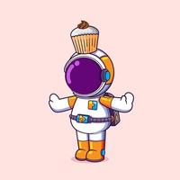 o astronauta está brincando com um pequeno bolo doce no topo de sua cabeça vetor