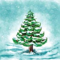 árvore de natal realista com fundo de cartão nevado vetor
