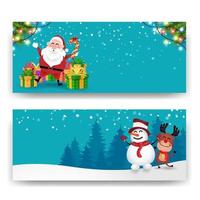 fundo de banner de feliz natal com papai noel, veado e boneco de neve vetor