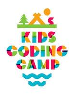 crianças codificando banner de acampamento colorido tipografia moderna vetor