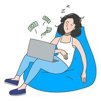 ilustração a garota dorme enquanto ganha em freelance vetor