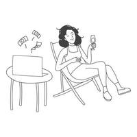 ilustração a garota está relaxando na praia e ganha como freelancer vetor