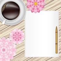 xícara de café, flores, caneta e papel em uma mesa de madeira. cartão floral. vector design plano leigo.