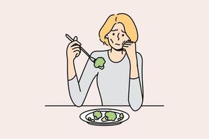 mulher anoréxica infeliz sofre comendo comida. chateado estressado luta feminina magra com transtorno de refeição. problema de saúde e saúde. ilustração vetorial. vetor