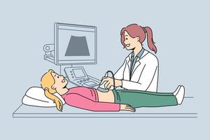 médica faz exame de ultrassom para menina pequena no hospital. mulher terapeuta ou pediatra faz check-up realizar exames de órgãos para criança adolescente na clínica. assistência médica. ilustração vetorial. vetor