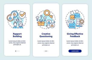 etapas de treinamento na tela do aplicativo móvel de integração. passo a passo de questionamento criativo 3 passos instruções gráficas editáveis com conceitos lineares. ui, ux, modelo de gui. vetor