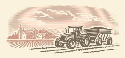 trator carrega grãos. paisagem rural. colheita de outono vetor