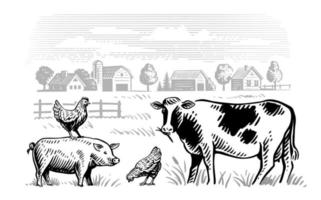 aldeia e fazenda paisagem. animais domésticos vetor