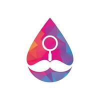 pesquisa modelo de design de logotipo de conceito de forma de gota de bigode. bigode e lupa para um design de logotipo de espião detetive. vetor