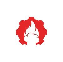 design de logotipo de vetor de conceito de forma de engrenagem de chef quente. chapéu de chef com um ícone de vetor de chama.