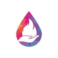 conceito de design de logotipo de vetor de conceito de forma de gota de cuidados de fogo. design de logotipo de ícone de mão e fogo.