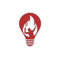 modelo de design de ícone de logotipo de forma de bulbo de jogador de tênis e fogo. design de logotipo de vetor de esportes de tênis.